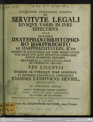 Disquisitio Inauguralis Iuridica De Servitute Legali Eiusque Variis In Iure Effectibus