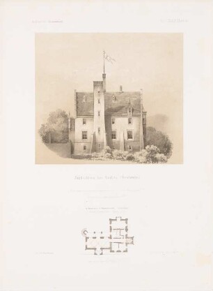 Jagdschloss, Görlitz: Grundriss, Ansicht von Westen (aus: Architektonisches Skizzenbuch, H. 39, 1859)