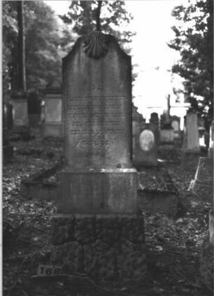 Grabstein 168 (Index: 99899019) Material: Sandstein Zustand: teilweise verwittert Maße HxBxT: 180x60x26 cm Beschreibung: aufgesockelte Stele mit Konvexbogenabschluß, oben abgeflacht und mit Voluten und über den Rand hängender Palmette, unterer Sockel felsartig gearbeitet Symbolik: Palmette, Voluten: Grabstein 168
