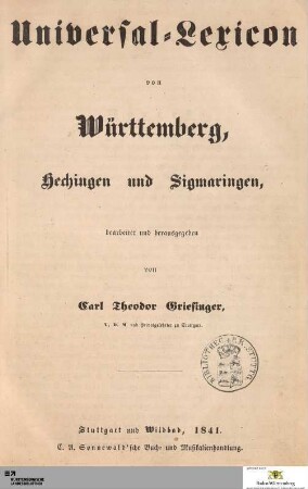 Universal-Lexicon von Württemberg, Hechingen und Sigmaringen