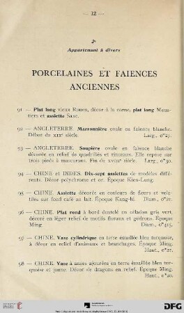 Porcelaines et Faiences Anciennes (Nr. 91-118)