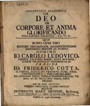 Diss. acad. de Deo in corpore et anima glorificando : occasione oraculi I. Cor. VI, 20.