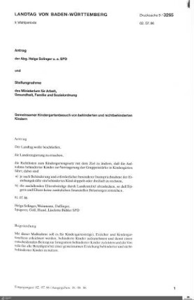 Antrag der SPD: Gemeinsamer Kindergartenbesuch von behinderten und nichtbehinderten Kindern