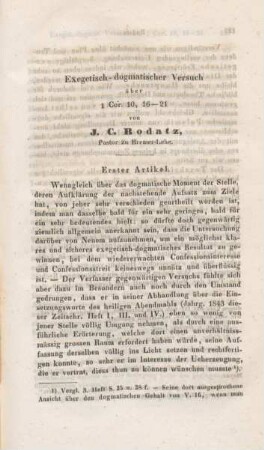 121-156 Exegetisch-dogmatischer Versuch über 1Cor. 10, 16-21 : erster Artikel