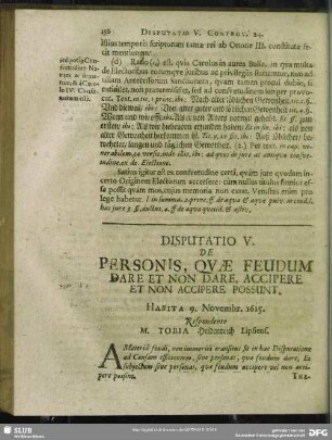 Disputatio V. De Personis, Quae Feudum Dare Et Non Dare, Accipere Et Non Accipere Possunt