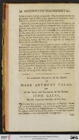 An authentic Narrative of the Death of Mark Anthony Calas, and of the Trial and Execution of his Father, John Calas, for the supposed Murder of his Son