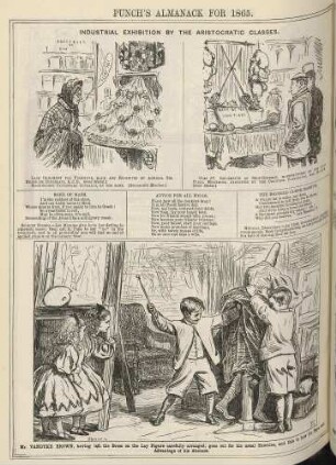 Industrial exhibition by the aristocratic classes; Mr. Vandyke Brown, having left the Dress on the Lay Figure carefully arranged, goes out for his usual Exercise, and this is how the Boys took Advantage of his Absence.