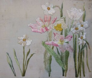 Blumenbild mit Narzissen, Tulpen und einer Osterglocke