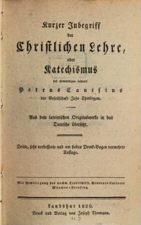 Kurzer Inbegriff der christlichen Lehre, oder Katechismus ...