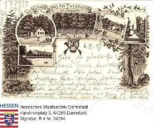 Kranichstein bei Darmstadt, Fasanerie mit Einzelansichten / Forsthaus; Hirschkopf; Hartig-Denkmal; Jagdschloss Kranichstein