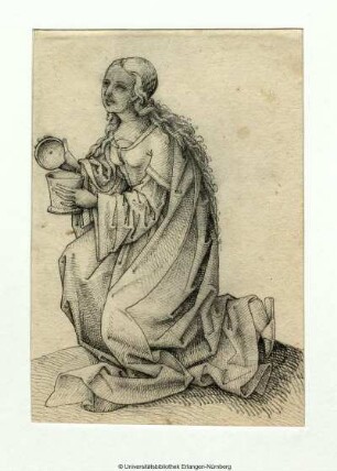 Die Heilige Magdalena, nach links kniend, öffnet das Salbengefäß