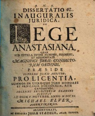 Diss. inaug. iur. de lege Anastasiana
