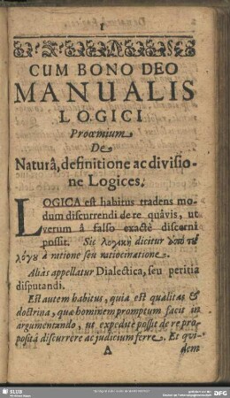 Prooemium De Natura, definitione ac divisione Logices