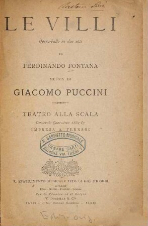 Le villi : opera-ballo in due atti ; Teatro Regio, Torino, carnevale - quaresima 1884 - 85