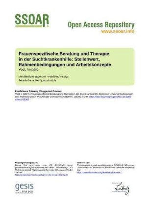 Frauenspezifische Beratung und Therapie in der Suchtkrankenhilfe: Stellenwert, Rahmenbedingungen und Arbeitskonzepte