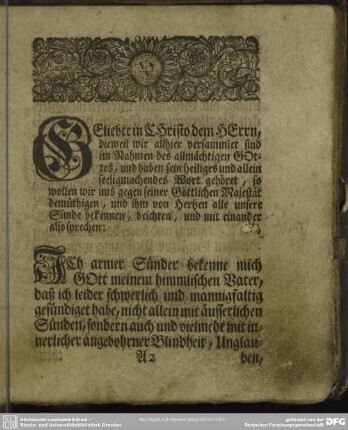 Geliebte in Christo dem Herrn, dieweil wir allhier versammlet sind im Nahmen des allmächtigen Gottes ...