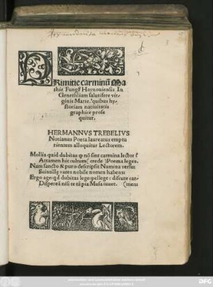 PRimitie carminũ Ma||thie Fungk Haynouiensis In || Genethlium salutifere vir-||ginis Marie. quibus hy-||storiam natiuitatis || graphice prose||quitur.|| ... ||