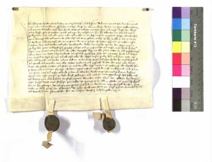 Kunz von Veinau und Katharin von Wiesenbach, seine Hausfrau, verkaufen an Albrecht von Hohenlohe den Hof, genannt Hertwigsweiler über Niedernhall; Siegel: Götz von Aschhausen, Conz von Veinau.