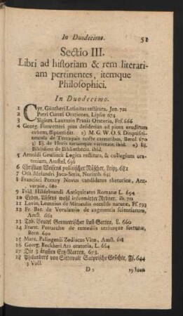 Sectio III. Libri ad historiam & rem literariam pertinentis, itemque Philosophici.