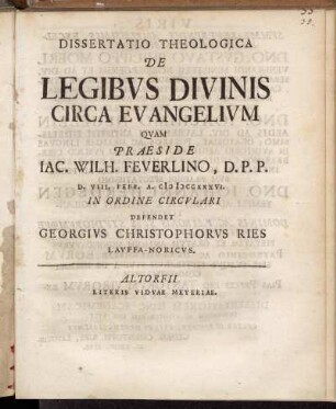Dissertatio Theologica De Legibvs Divinis Circa Evangelivm