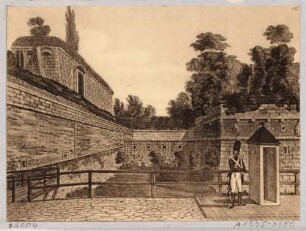 Blatt 16 von "Dresdens Festungswerke im Jahre 1811" vor der Demolierung: Die Bastion Saturn südlich des Wilsdruffer Tores (Wilsches Tor) von der Brücke von Norden, rechts Wachsoldat mit Wachhäuschen