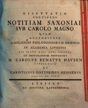 Dispvtatio Continens Notitiam Saxoniae Svb Carolo Magno