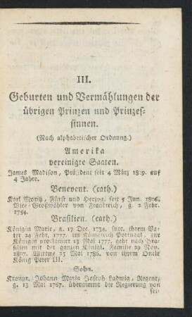 III. Geburten und Vermählungen der übrigen Prinzen und Prinzessinnen.