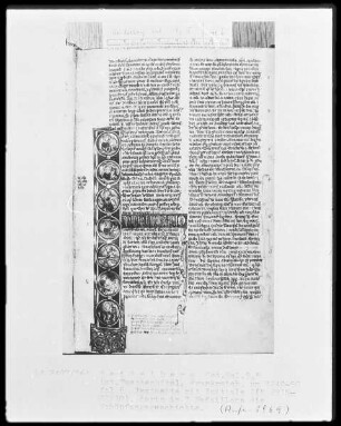 Lateinische Taschenbibel — Initiale I (in Principio), darin in 7 Medaillons die Schöpfungsgeschichte, Folio 6recto