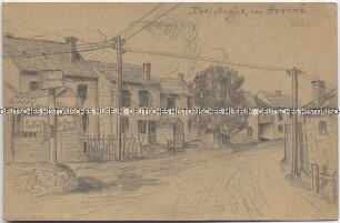 Dorfstraße in Hauviné, handgezeichnete Postkarte von der französischen Front