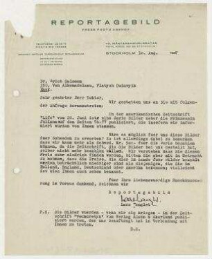 Brief von Reportagebild, Press Photo Agency, Stockholm an Erich Salomon