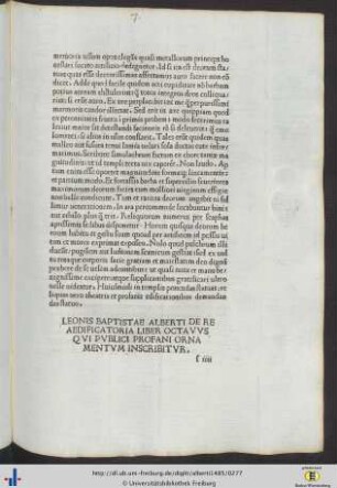 Leonis Baptiste Alberti De Re Aedificatoria Liber Octavus Qui Publici Profani Ornamentum Inscribitur.