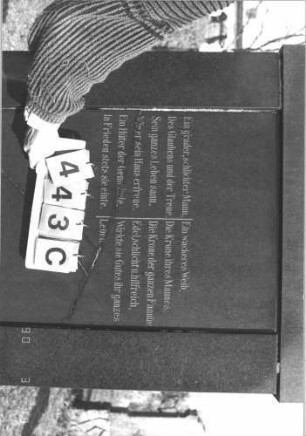 Grabstein 443 (Index: 99786418) Maße HxBxT: 175x94x22 cm Besonderheit: kulturhistorisch wertvoll / hist.-wiss. Gründe (Gemeindestellung); - Doppelgrab für Eheleute: Grabstein 443C