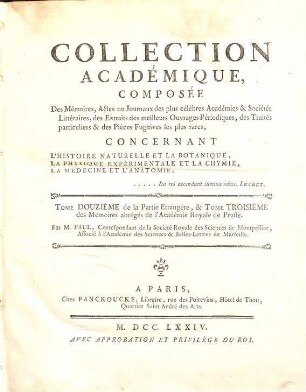 Collection académique : Composée des mémoires, actes ou journaux des plus célèbres académies et sociétés littéraires étrangères ... concernant l'histoire naturelle et la botanique, la physique expérimentale et la chymie ..., 12