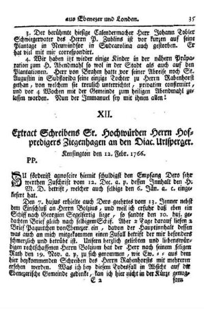 XII. Extract Schreibens Sr. Hochwürden Herrn Hofpredigers Ziegenhagen an den Diac. Urlsperger.