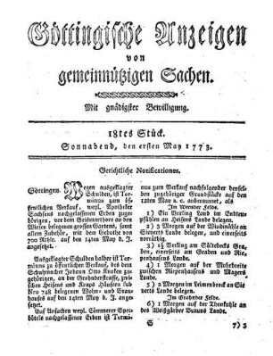 18tes Stück. Sonnabend, den ersten May 1773.