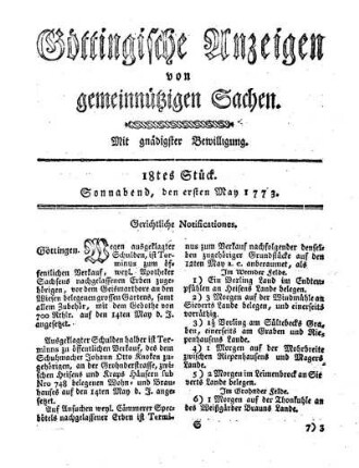 18tes Stück. Sonnabend, den ersten May 1773.