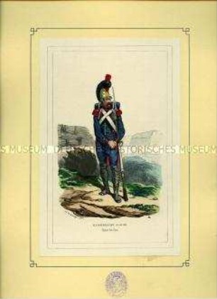 Uniformdarstellung, Sappeur des Genie-Korps der Kaiserlichen Garde, Frankreich, 1812. Tafel 20 aus: Bellangé: Die Soldaten der französischen Republik und des Kaiserreichs.