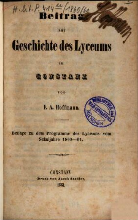 Programm des Grossherzoglichen Lyceums in Constanz : vom Schuljahre ..., 1860/61