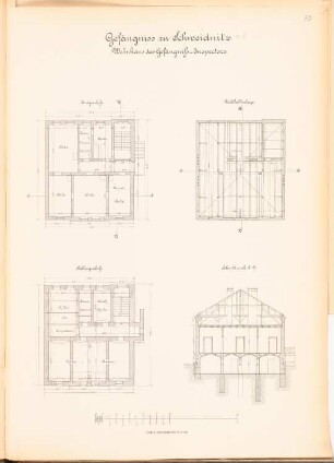 Gefängnis, Schweidnitz: Wohnhaus des Gefängnisinspektors: Grundriss EG, DG, KG und Schnitt