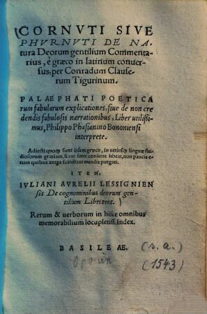 Cornuti sive Phurnuti De natura Deorum gentilium commentarius