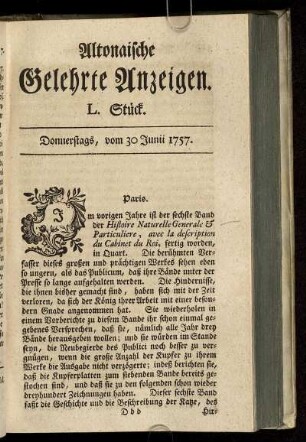 L. Stück. Donnerstags, vom 30 Junii 1757