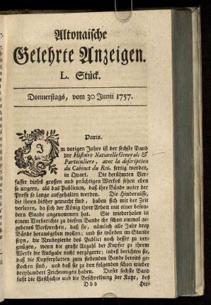 L. Stück. Donnerstags, vom 30 Junii 1757