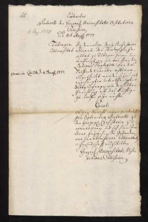 "Extractus Protocolli der Herzogl[ichen] Universitats-Visitations-Com[m]ission" vom 11. August 1777.