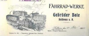 Briefbogen der "FAHRRAD-WERKE von Gebrüder Boie" mit Firmenansicht (Friedenstraße bzw. Gymnasiumstraße 32 und Weipertstraße 35/37)