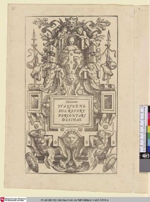 [Kartusche mit Meerwesen, in der Mitte Zitate von Terentius; Cartouche met een citaat van Terentius]