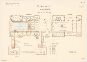 Kadettenanstalt der Garnison, Naumburg/Saale: Schwimmhalle: Grundriss Keller und Erdgeschoss mit Heizung und Lüftung 1:100