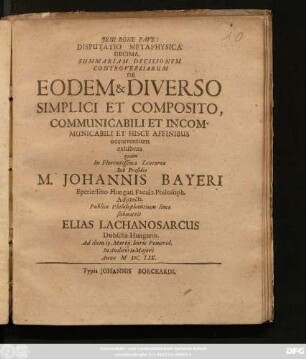 Disputatio Metaphysica Decima. Summariam Decisionem Controversiarum De Eodem & Diverso Simplici Et Composito, Communicabili Et Incommunicabili Et Hisce Affinibus occurrentium exhibens