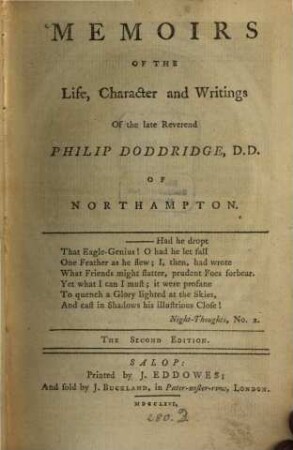 Memoirs of the life, character and writings of Philip Doddridge of Northampton