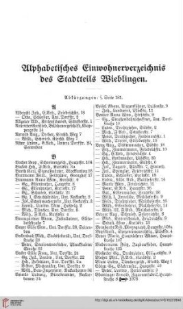 Stadtteil Wieblingen und Grenzhof: Alphabetisches Einwohnerverzeichnis