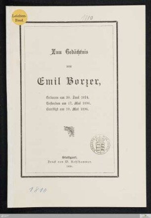 Zum Gedächtnis von Emil Borzer : Geboren am 30. Juni 1874. Gestorben am 17. Mai 1896. Beerdigt am 19. Mai 1896